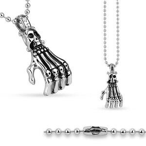STRIKING STAINLESS STEEL SKULL & SKELETON HAND PENDANT NECKLACE